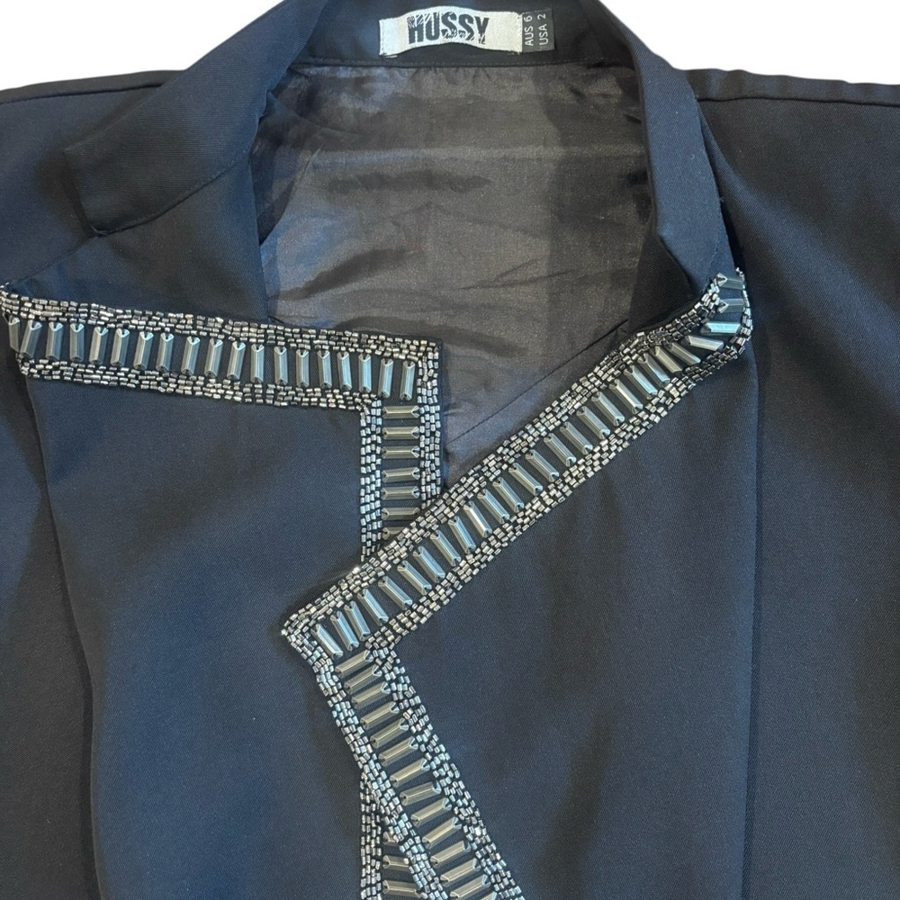 Hussy Black Beaded Trim Open Front Blazer | Structured Designer Jacket
